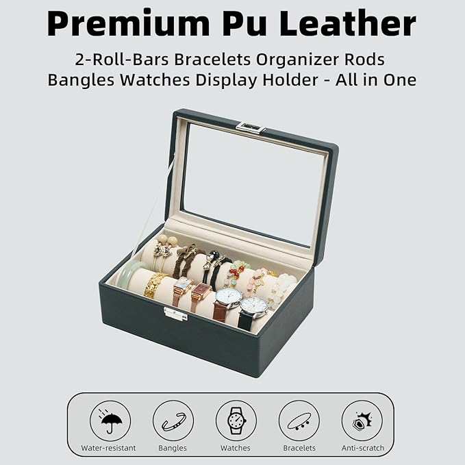 Bracelets Organizer Rods Bangles Display Holder, Clear See through Lid Leather Velvet Jewelry Storage Box Case for Women, 2 Rods Black Leather