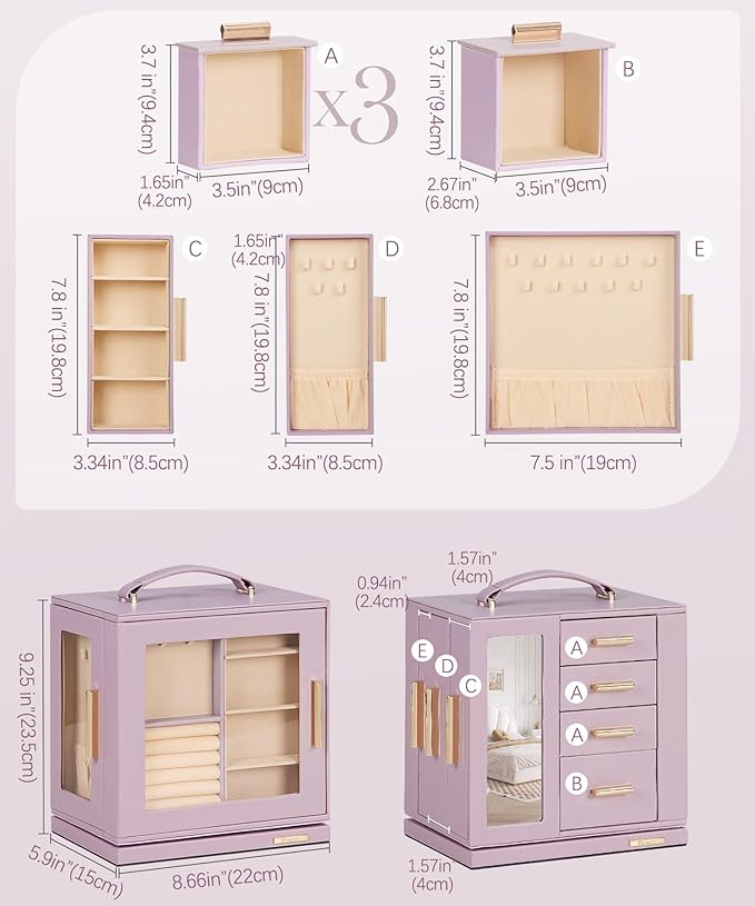 Homde Jewelry Box 360° Rotating, Necklace Earring Organizer with Transparent Window, Mirror, 7 Drawers, Large Ring Display Storage Case for Girls Women (Grey Purple)