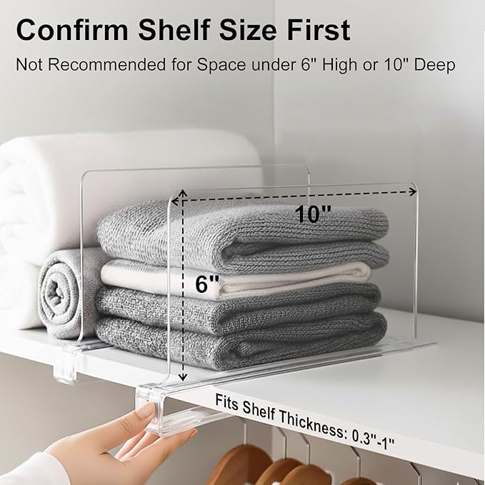 SortNStore Shelf Dividers Purse Organizer for Closet: 6-inch Tall(Shorter Version) Acrylic Handbag Organizer - Small Space Separator for Clutches Evening Bags Pouches Mini-Bags on Wood Shelves 4-Pack