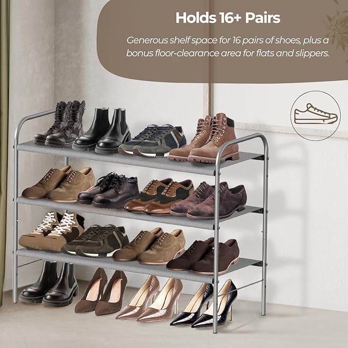 Simple Houseware 3-Tier Shoe Rack Storage Organizer, Grey – Space-Saving Shoe Shelf, Holds 9–16 Pairs, Sturdy Metal Frame, Easy Assembly – Closet, Entryway, Bedroom Shoe Storage Solution