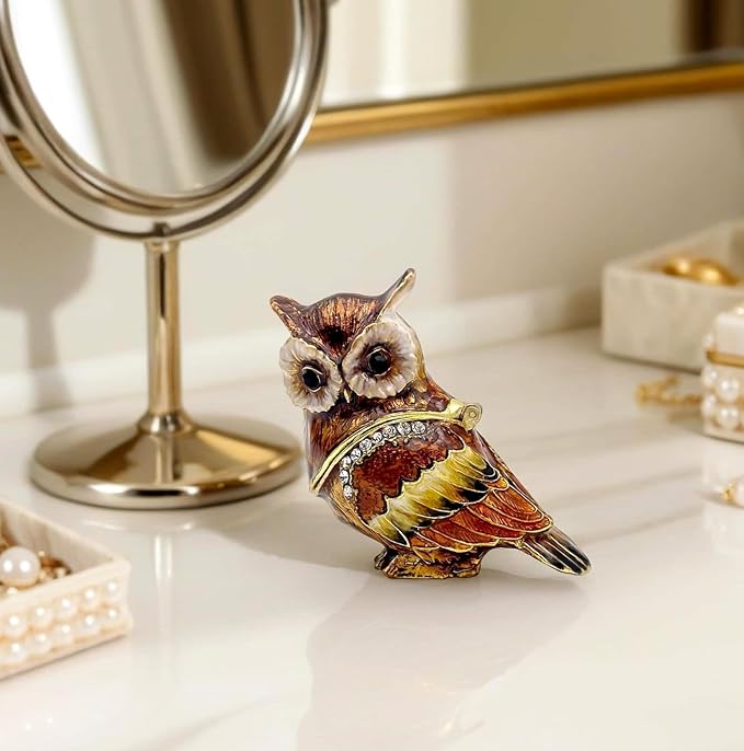 Luxury Owl Brid Hinged Trinket Box with Crystals Collectible Animal Jewelry Box for Rings Earrings,Owl Figurine Home Decor Gifts for Women