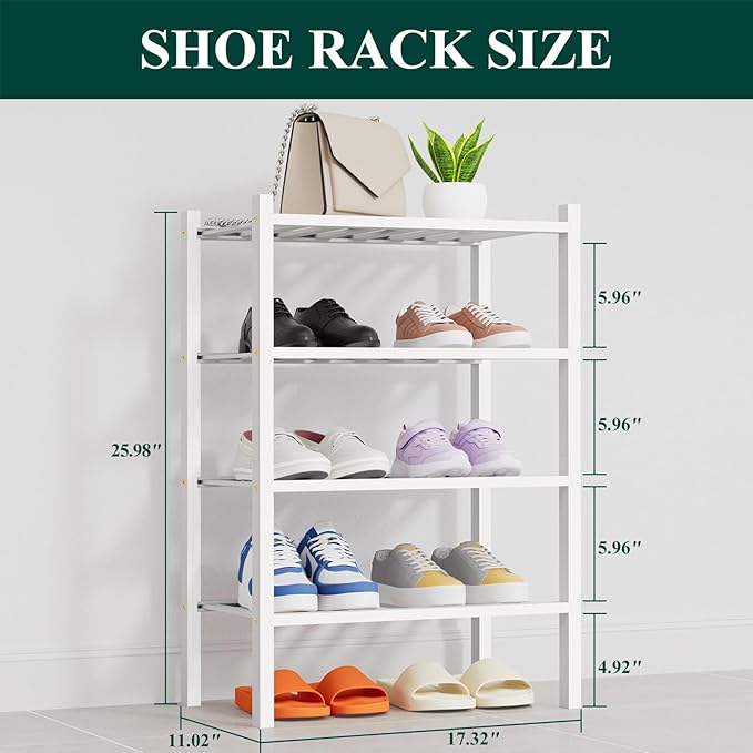 Smiry Shoe Rack, 4 Tier Thick Small Bamboo Shoe Organizer, Stackable Free Standing Wooden Shoe Storage Shelf for Closet, Entryway, Front Door Entrance, White