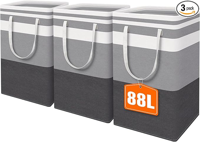 HomeHacks 3-Pack Large Laundry Basket, Waterproof, Freestanding Laundry Hamper, Collapsible Tall Clothes Hamper with Extended Handles for Clothes Toys in the Dorm and Family-(Gradient Grey, 88L)