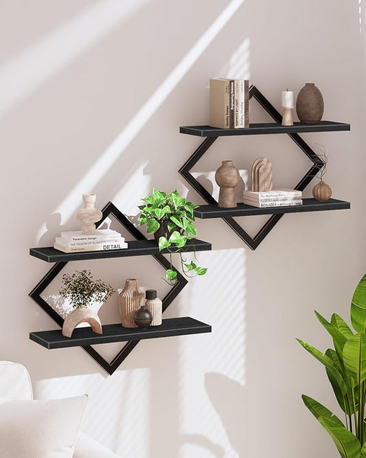 CHOEZON Floating Shelves, Set of 2 Wall Shelves, 2-Tier Hanging Shelves, Wall Shelf Set of 2, Wall Mounted Shelves, for Living Room, Bedroom, Kitchen, Office, Study, Black TBJ01P2BB
