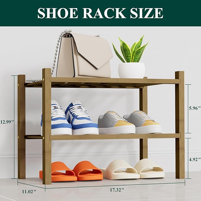 Smiry Shoe Rack, 2 Tier Thick Small Bamboo Shoe Organizer, Stackable Free Standing Wooden Shoe Storage Shelf for Closet, Entryway, Front Door Entrance, Walnut