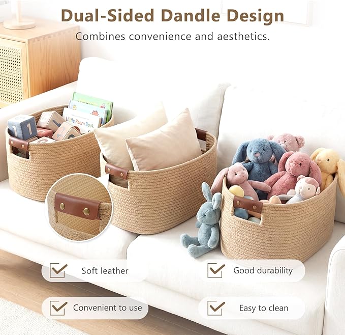 ECDYQXVU Cotton Rope Basket, Storage Baskets with Handle, 15x10x9 Inch Woven Basket for Shelves, Laundry, Towels, Clothes, Books (Jute/Brown 2Pack)