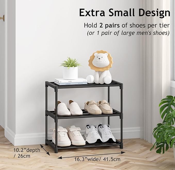 Autonomier 3 Tier Extra Small Shoe Rack (16.3" Wide), Narrow Stackable Shoe Shelf for Kids Toddler Adult, Lightweight Shoe Rack Stand for Closet Dorm Storage Organizer, Front Door Entrance, Entryway