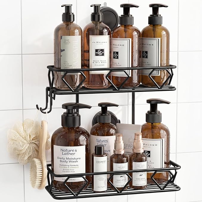 JOTPE Shower Caddy Suction Cup, No Drilling Shower Shelves Hold Up to 40 lbs, Large Capacity Double Layer Bathroom Organizer and Storage with Hooks, Rustproof & Removable Bathroom Shelf, Black
