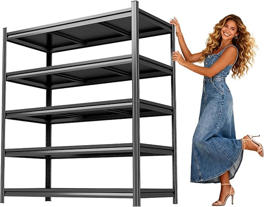 48" W Garage Shelving,5 Tier Heavy Duty Metal Garage Storage, Steel Shelving, 3000 lbs Capacity, Industrial Shelves for Heavy Tools and Equipment, Ideal for Garage, Basement, Black