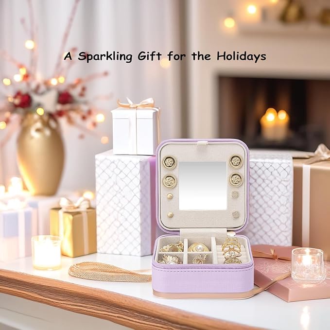 Vlando Small Travel Jewelry Box Organizer - Mirrored Carry-on Jewelries Necklaces Rings Earrings Necklace Storage Case, Purple