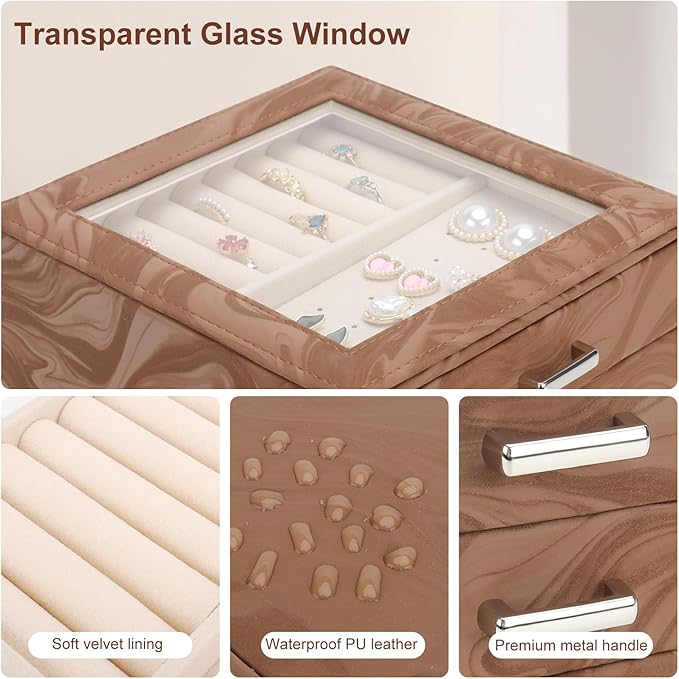 DesignSter Jewelry Box Organizer, Jewelry Box for Women, PU Jewelry Organizer Display Case with Side Drawers, Jewelry Storage for Earring Necklace Ring Bracelet Watch