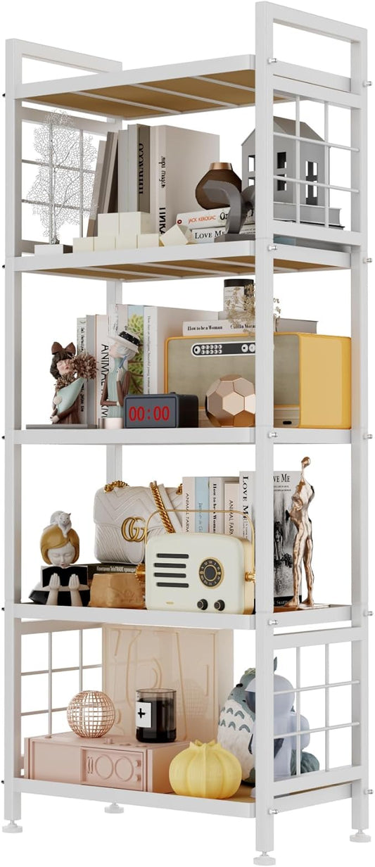 GIOTORENT 5-Tier Pantry Shelves with Wooden Boards, Heavy Duty Storage Shelves & Book Shelf, Adjustable Metal Shelving Unit for Kitchen Bathroom Laundry Organizer, Sturdy Rust-Resistant, White