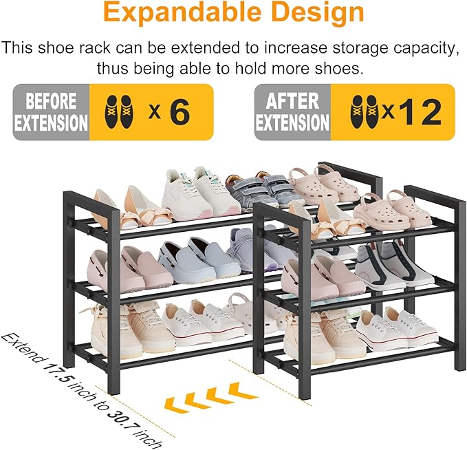 Detsuk 3-Tier Expandable Shoe Rack – Adjustable Heavy-Duty Metal Shoe Organizer Shelf for Closet, Entryway, Mudroom & Garage – Durable Freestanding Storage, Black