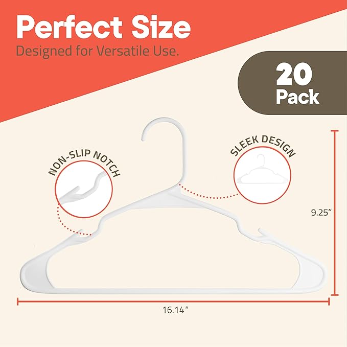 White Plastic Hangers 20 Pack– Heavy-Duty Plastic Hangers Slim and Space-Saving, Durable and Lightweight PP with Non-Slip Shoulder Notches for Slip Dresses, Suits, Jackets & Camisoles