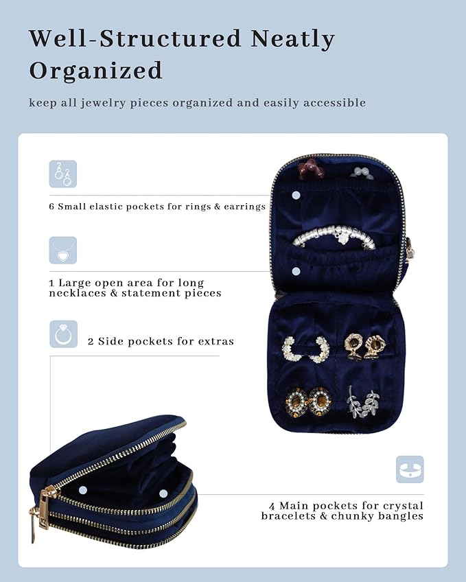 Stratalife Travel Jewelry Case Organizer 2-Layer Compact Storage Bag for Rings Earrings Necklace Bracelet Portable Velvet Jewelry Pouch with Zippers Travel Essential Gift for Women Navy Blue