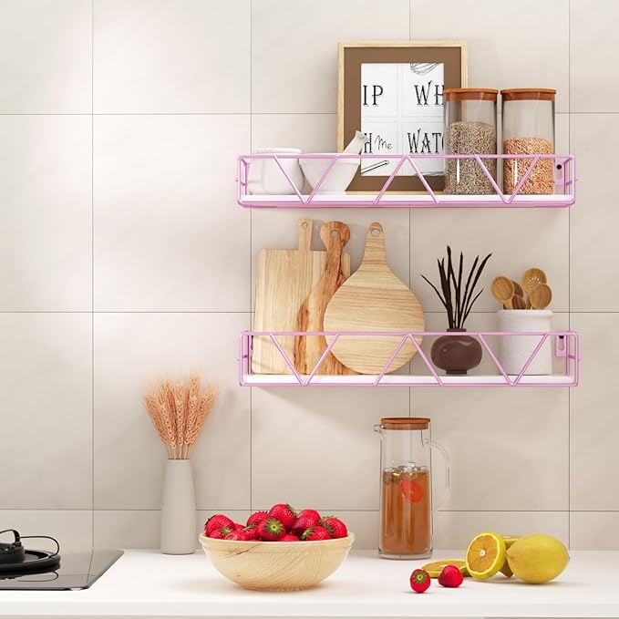 Amaoot Floating Shelves Set of 3, Home Wood Wall Shelf, Farmhouse Shelf for Bedroom, Wall Mounted Floating Shelf for Living Room, Bedroom, Bathroom, Kitchen, Office (Pink)