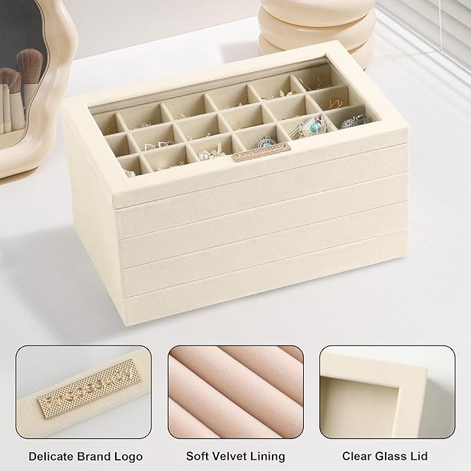 Frebeauty Earring Holder Stackable Jewelry Trays,Velvet Drawer Jewelry Organizer with Glass Lid, 5 in 1 Jewelry Box for Earrings Rings Studs,10.5 x 6.5 x 5.55 Inches Gift for Women (Beige)