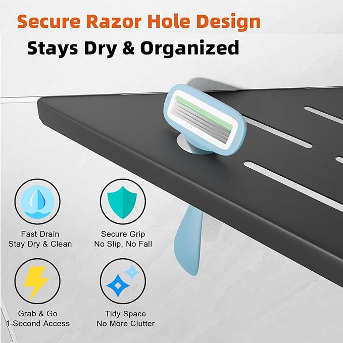 Corner Shower Shelves with Razor Hole, Modern Sturdy Shower Caddy, 10" 304 Stainless Steel Shower Organizers Bathroom Shelf for Tile Wall, No Drilling Grout Mount Shelf for Shower,Bathroom Accessories