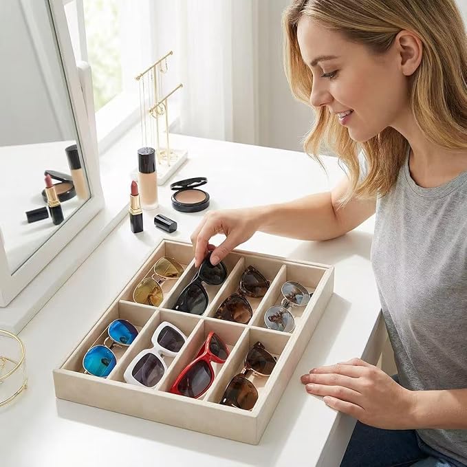 Jewelry Tray Velvet Jewelry Organizer with Clear Lid Transparent Earring Bracelet Organizer Holder Case with Clasp Drawer Insert for Rings Studs Gift for Women Girls (Sunglass Box)