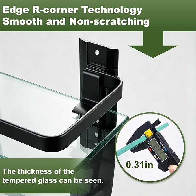 AIJALY 3 Pack Bathroom Glass Shelf,Aluminum Tempered Glass 0.3in Extra Thick Rectangular 1 Tier Storage Organizer Wall Mount,Black 15.7in