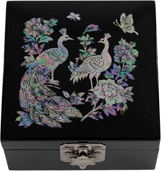 February Mountain Mother of Pearl Mini Jewelry Box - Organizer for Earring Necklace Ring & Bracelet Jewelry Display Storage Case for Woman Unique Gifts (Peacock-Black)