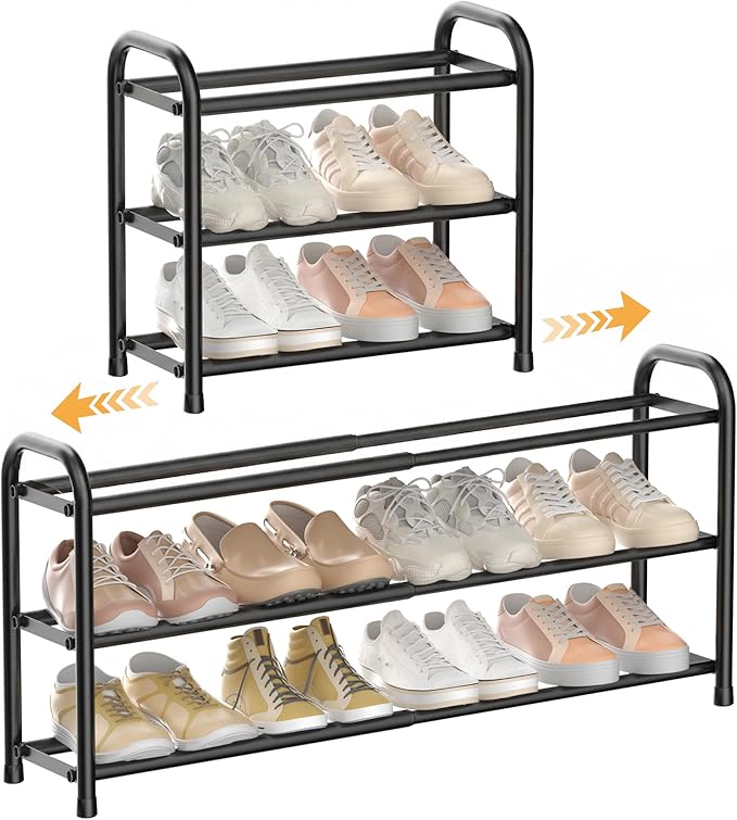 ENJOYBASICS 3 Tier Expandable Shoe Rack for Closet, Free Standing Metal Shoe Shelf Storage Organizer Holder 12 Pairs, Adjustable Width Shoe Rack for Entryway Small Space, Black | Adjustable, for Closet, Shoe Rack Storage, for Small Space, Entryway