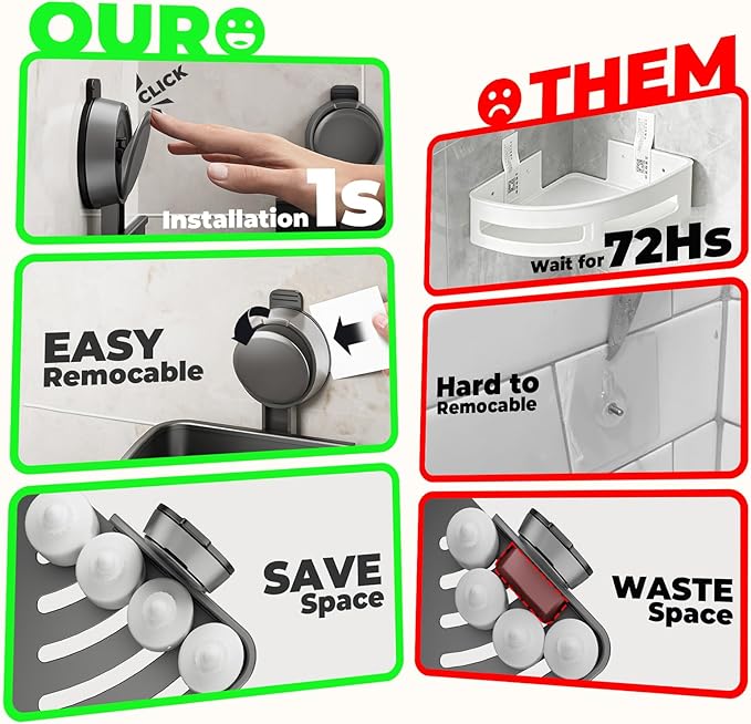 ONXE Corner Shower Caddy Suction Cup,Shower Shelves with Hooks,No Drilling Powerful Upgrade Suction Bathroom Corner Organizers and Storage,Removable Waterproof Rustproof Shower Shelf Bathroom Decor