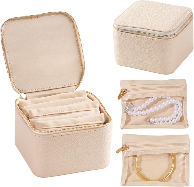 Travel Jewelry Organizer, Travel Jewelry Box with 6 Velvet Zipped Pouches Bags for Jewelries Necklaces Rings Earrings Sorting Storage for Women Girl Gifts, Ivory