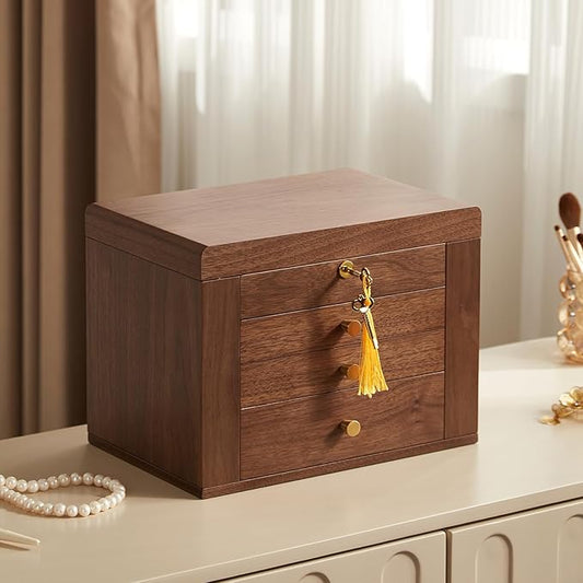 Black Walnut Wooden Jewelry Box, Wood Jewelry Organizer with 2 Side Doors Mirror Lockable Classical Style for Watch Necklace Ring Earring Storage Mothers Day Gifts for Mom-4 Layer