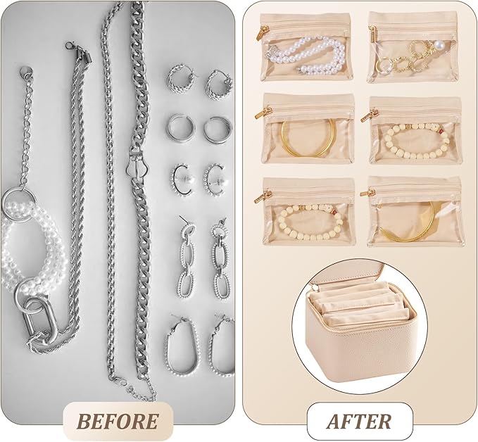 Travel Jewelry Organizer, Travel Jewelry Box with 6 Velvet Zipped Pouches Bags for Jewelries Necklaces Rings Earrings Sorting Storage for Women Girl Gifts, Ivory