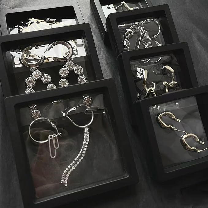 12PCS 3D Floating Frame Display Stand, Jewelry Box, Gift Box, Ornament Organizer, Small Travel Jewelry Box, PE Film Anti-Oxidation, Suspended Display Box Stackable (Black, 3.54 * 3.54)
