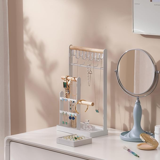 ProCase Jewelry Organizer Jewelry Stand Jewelry Holder Organizer, 4-Tier Necklace Organizer with Ring Tray, Large Aesthetic Jewelry Tower Storage Rack Tree for Bracelets Earrings Rings -Large, White