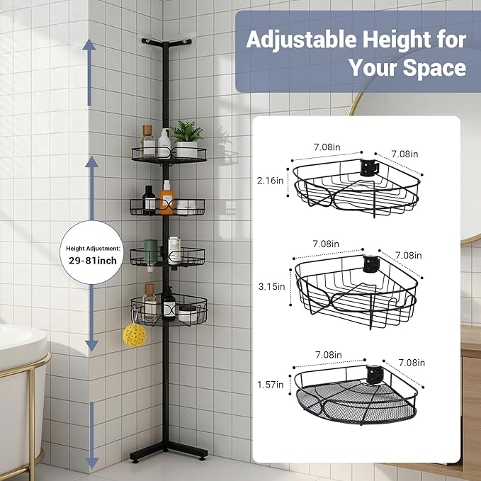 Standing Shower Caddy Corner, 4-Tier Adjustable Height Bathroom Organizer, 6-Section Pole, Sturdy Floor Standing Shelf for Shower or Bathtub – No Drilling, No Spring Tension