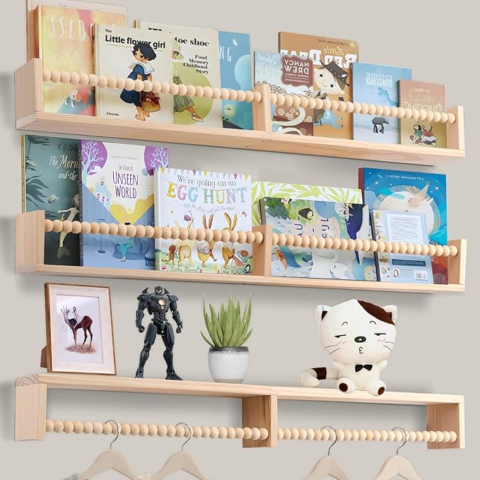 birola Nursery Book Shelves for Kids Rooms - 32 Inches Floating Wall Bookshelves Set of 3, Space-Saving Nursery Shelves with Beads Design for Kids Room, Bedroom and Study Room(Natural)