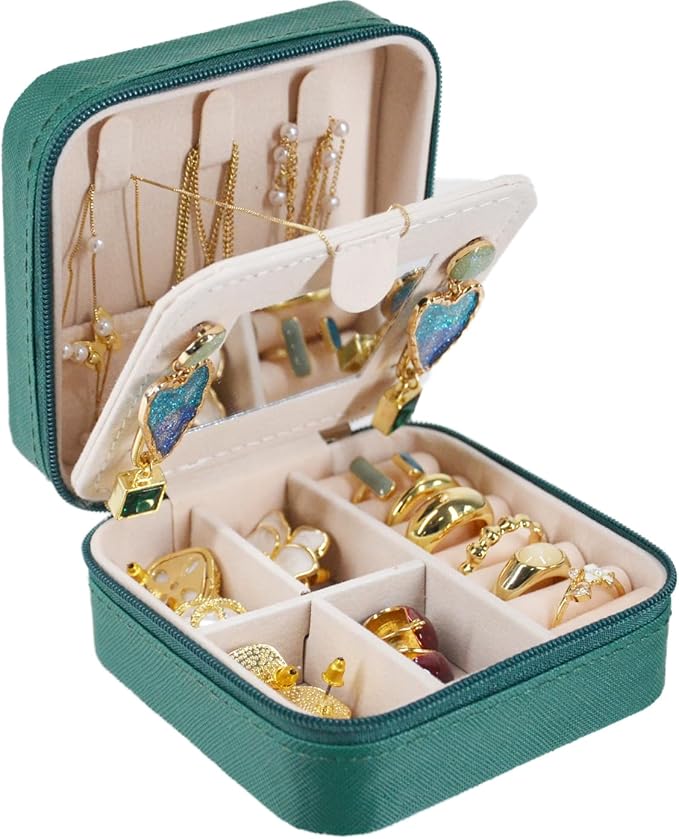 OceeK Travel Jewelry Case Box Organizer with Mirror,Travel Jewelry Box Holder Stocking Stuffers,Green,1 Pack