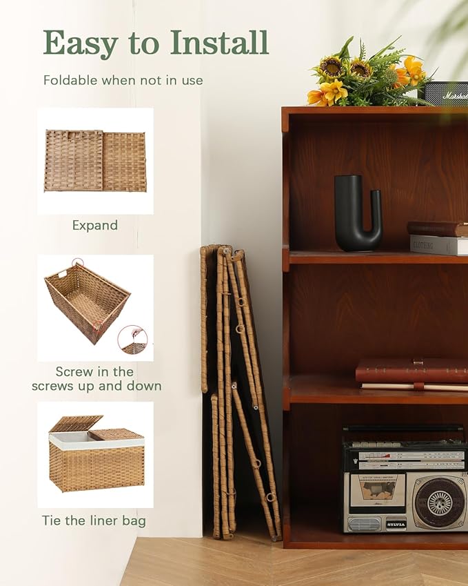 SETVSON Storage Basket with Lid Rattan Storage Basket with 2 Separate Lid, 27.8 Gallon (105 L) 25.2 * 15.4 * 16.1 Inches Woven Wicker Baskets with 2 Liners and Handles for Bedroom Laundry-Natural