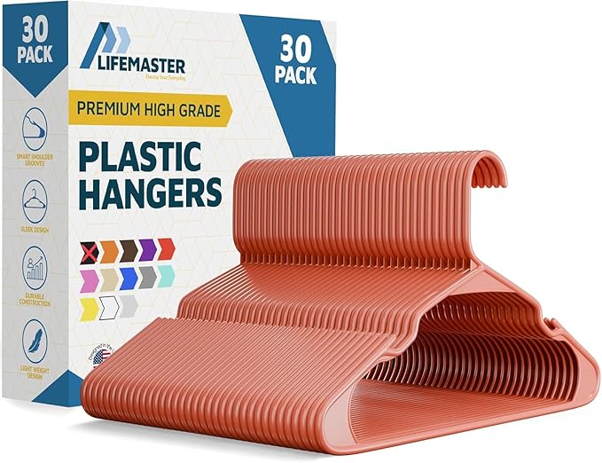 Lifemaster Plastic Clothes Hangers – Heavy Duty Hanger Set, for Organizing Clothes, Dresses, and Coat, Holds Up to 5 lbs, Space-Saving Hangers with Non-Slip Shoulder Grooves, Pack of 30, Dark Brown