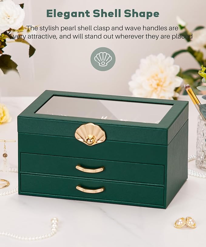 Enthralite Jewelry Box with 2 Drawers: Display Organizer for Earrings Necklaces - Christmas Gifts for Girls Women (Forest Green)