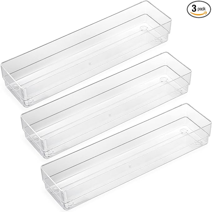 LotFancy Clear Drawer Organizers, 12” x 3” x 2”, Set of 3, Drawer Organizer Trays for Desk, Plastic Storage Bins for Bathroom, Makeup, Utensils, Stackable