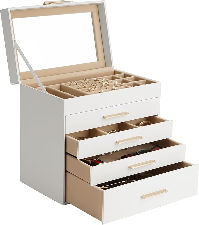 Somduy Jewelry Box, 5 Layers Jewelry Storage Display Box with Glass Lid for Women, 4 Drawers,Large Capacity for Necklace Earrings Bracelets Rings,White