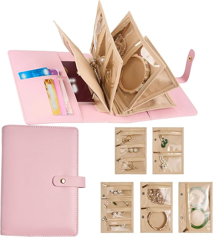 PU Leather Travel Jewelry Storage Box - Jewelry Binder Organizer with Zipper Velvet Pouches Bracelet Earring Rings Necklaces Jewelry Binder Gift for Women -Pink