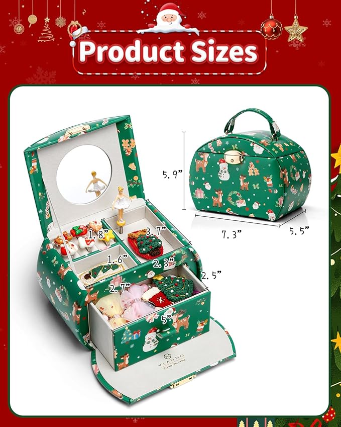 VLANDO Kids Musical Jewelry Box for Girls with Drawer, Music Box with Ballerina and Stickers for Birthday Bedroom Decor, Holidays Gifts for Girls Kids - Christmas Green