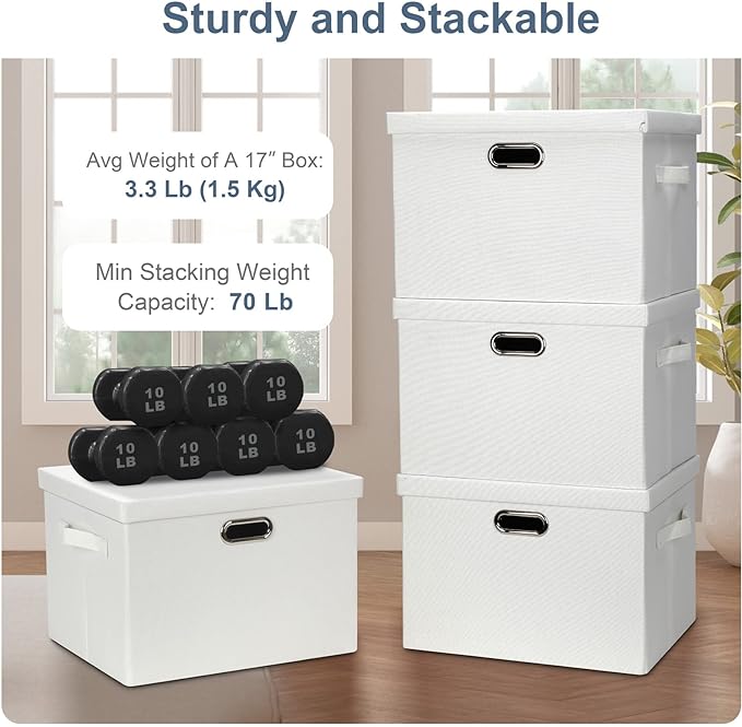 Graciadeco Large 17" 36 Quart Collapsible Stackable Storage Bins with Lids, 5 Packs White Linen Fabric Closet Boxes with Lids, Storage Cube Baskets Container Organizers for Bedroom Office(17 x12 x11)