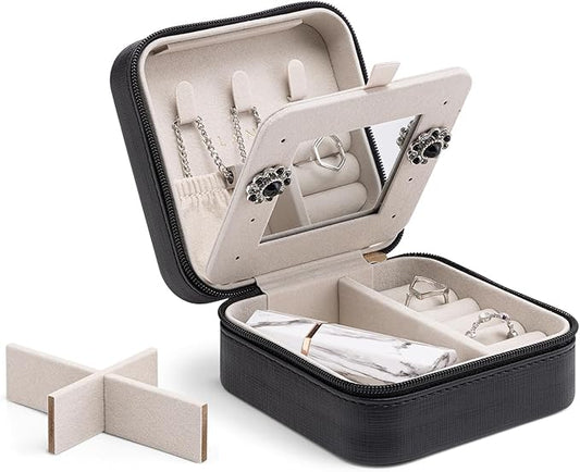 Vlando Small Travel Jewelry Box Organizer - Mirrored Carry-on Jewelries Necklaces Rings Earrings Necklace Storage Case, Black New