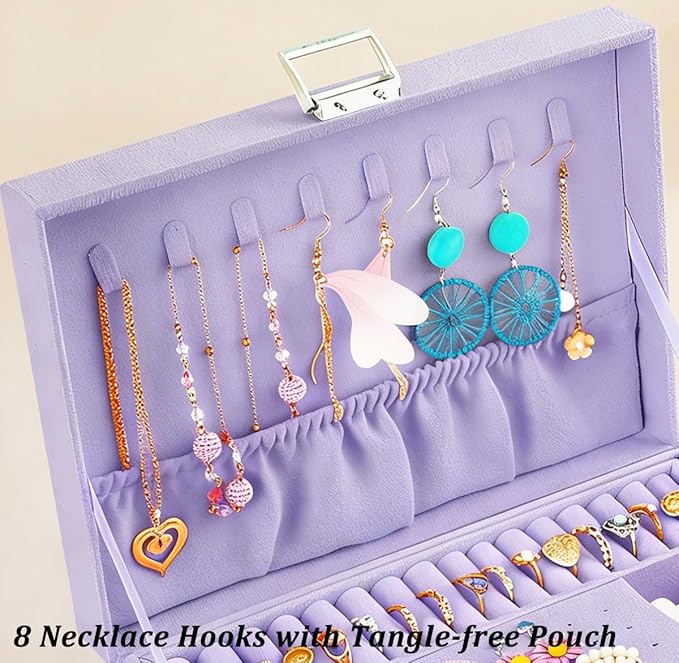 QBestry 3-Layer Jewelry Box for Girls & Teens with Lock and Key, Large Jewelry Organizer with 8 Necklace Hooks & 56 Earring Holes, Violet Velvet Jewelry Storage Box for Necklace Earring Ring Bracelet
