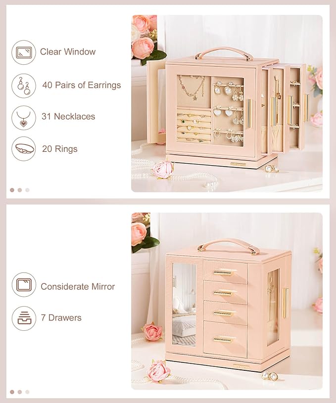 Homde Jewelry Box 360° Rotating, Necklace Earring Organizer with Transparent Window, Mirror, 7 Drawers, Large Ring Display Storage Case for Girls Women (Peach Pink)