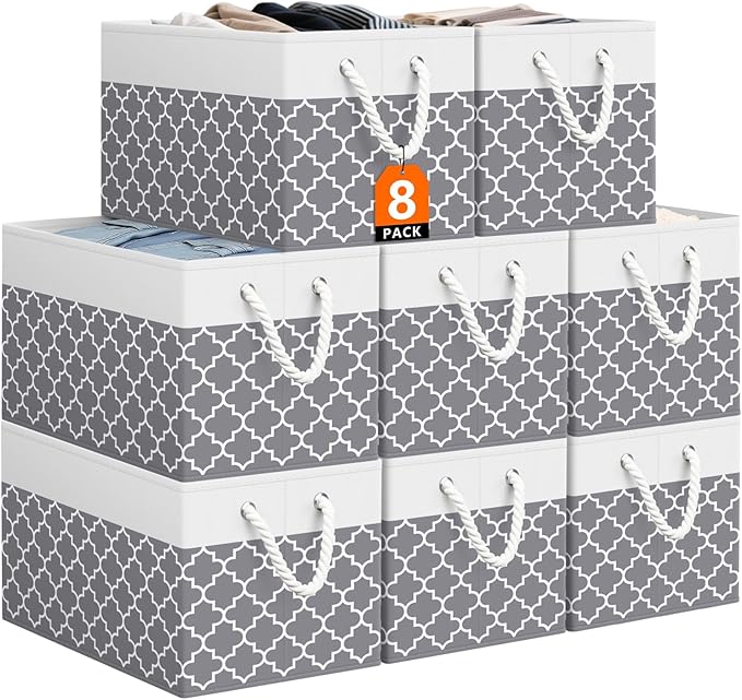 StorageTastic Storage Bin,Collapsible Storage Basket For Organizing,Large Storage Boxes With Rope Handles,Storage Containers,Clover Grey,8 Pack