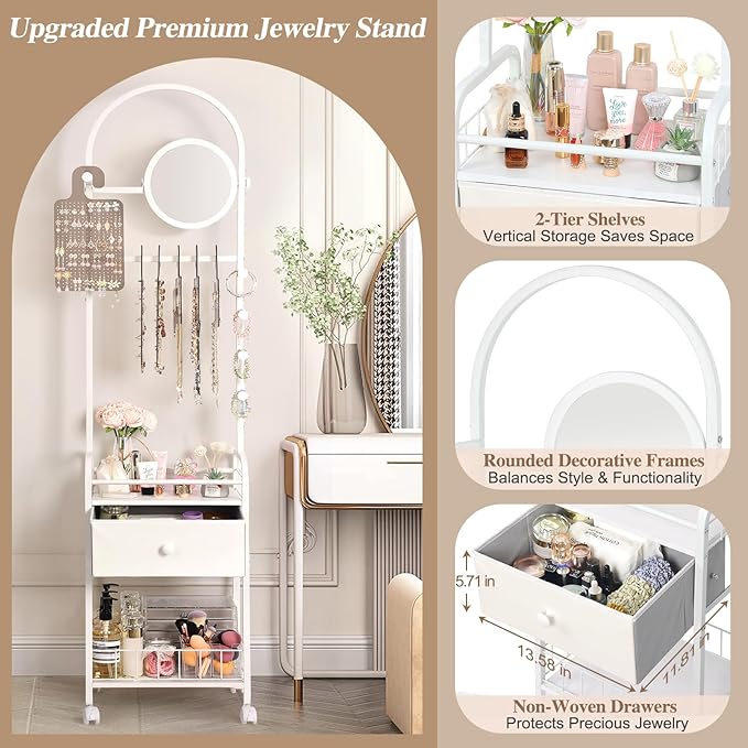 Keebofly Floor Jewelry Organizer with Adjustable Mirror, 67.52" Tall Jewelry Display Stand with 6 Acrylic Earring Necklace Pegboards, Mobile Jewelry Tower with Large Storage Drawer for Women