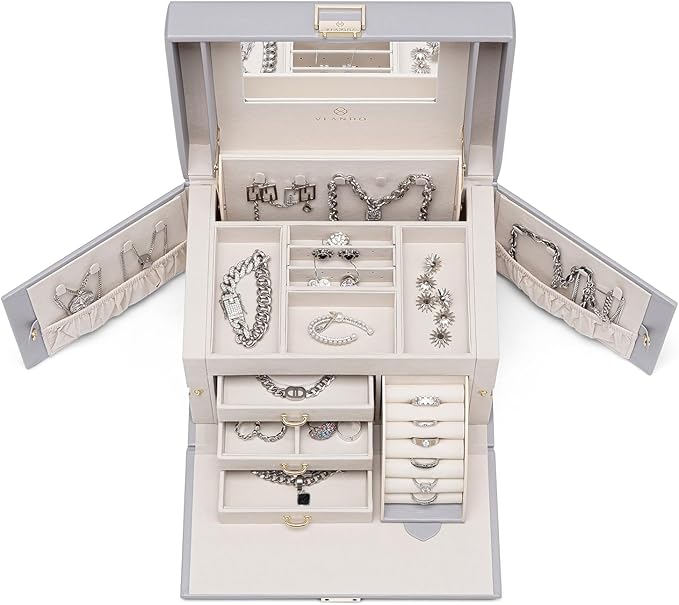 Vlando Mirrored Jewelry Box Organizer, Leather Jewelry Storage Case, Necklaces Earrings Rings Brackets Box Holder, Light Gray