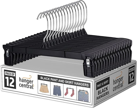Hanger Central 12 Pack Pants Hangers – 12 Inch Slim Plastic Clothes Hangers with Clips for Skirts, Pants, Shorts – Space Saving Heavy Duty Closet Organizer with Non Slip Grip & Swivel Hook – Black